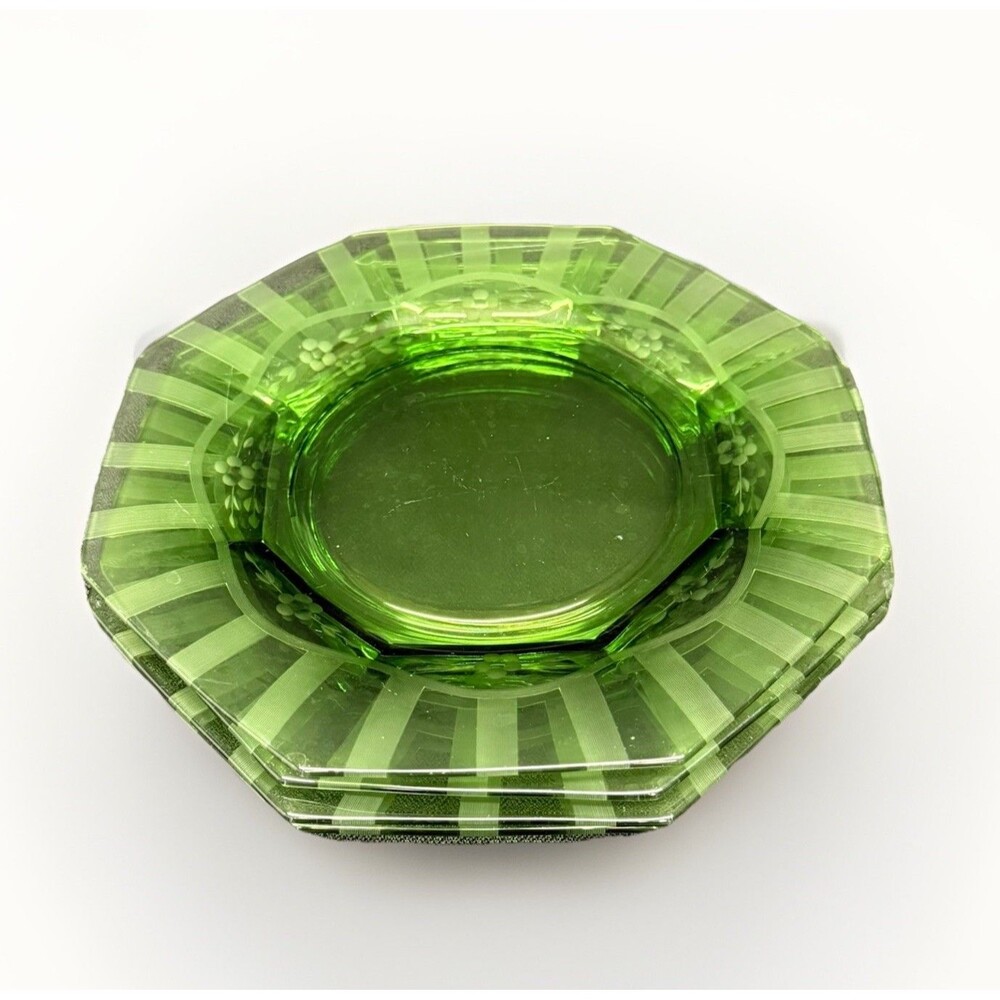 Vintage Green Uranium Depression Glass Octagon Plates 8” Etched Floral Set of 4